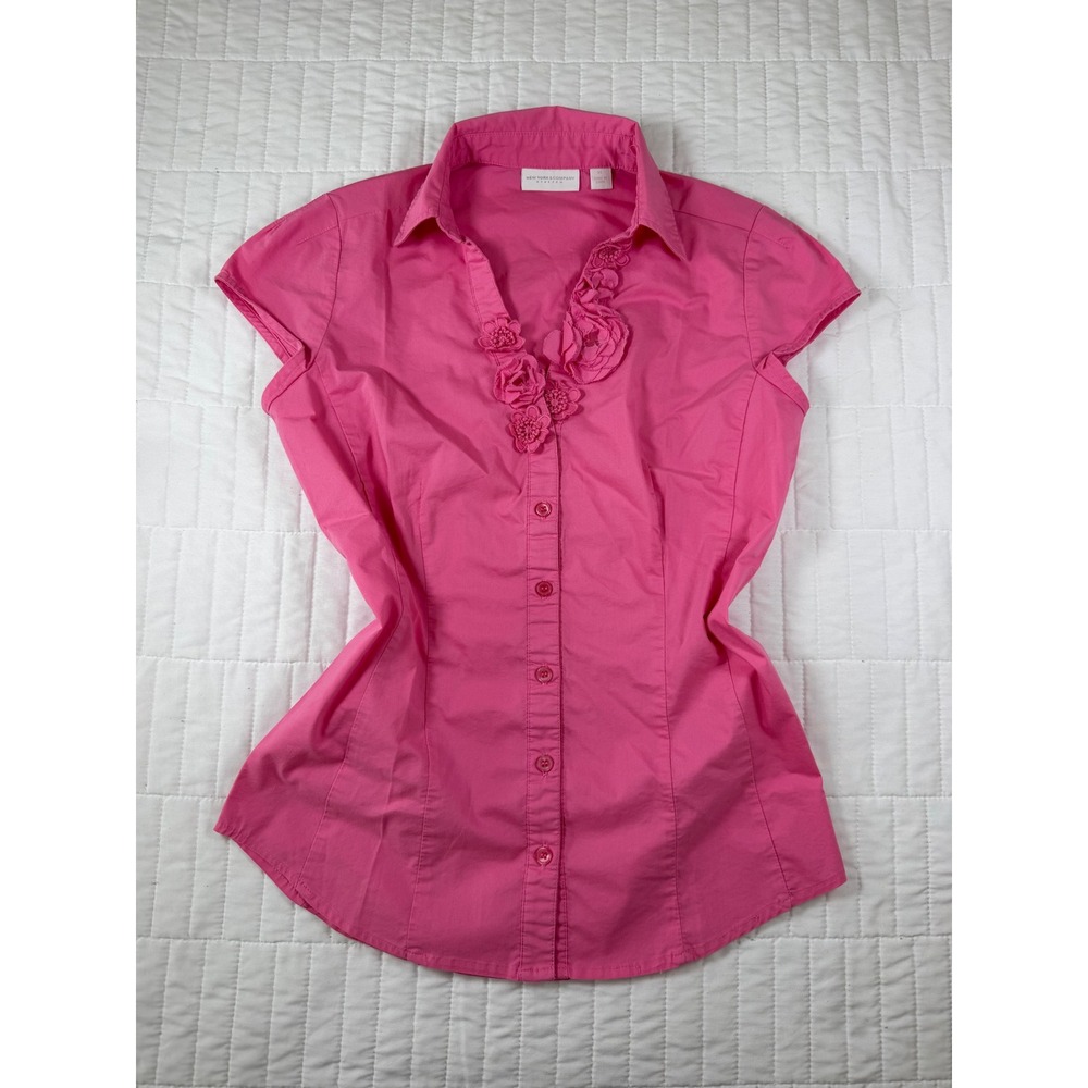 New York & Co Bubblegum Pink Button-Up Shirt Cap Sleeve Blouse Coquette Top XS